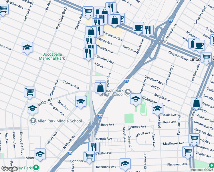 map of restaurants, bars, coffee shops, grocery stores, and more near 1809 Markese Avenue in Lincoln Park