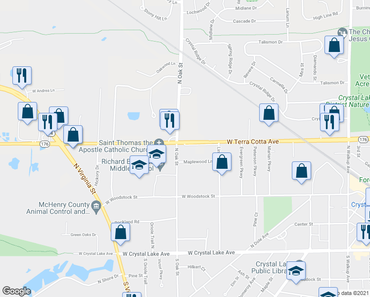 map of restaurants, bars, coffee shops, grocery stores, and more near 381 West Terra Cotta Avenue in Crystal Lake