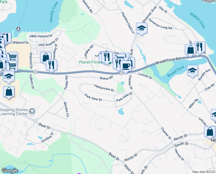 map of restaurants, bars, coffee shops, grocery stores, and more near 23 Harborview Drive in Hingham