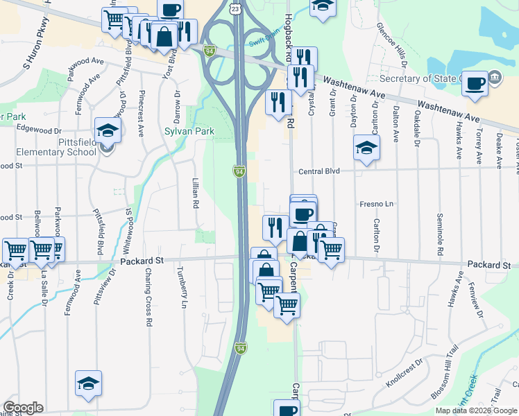 map of restaurants, bars, coffee shops, grocery stores, and more near 2790 Carpenter Road in Ann Arbor