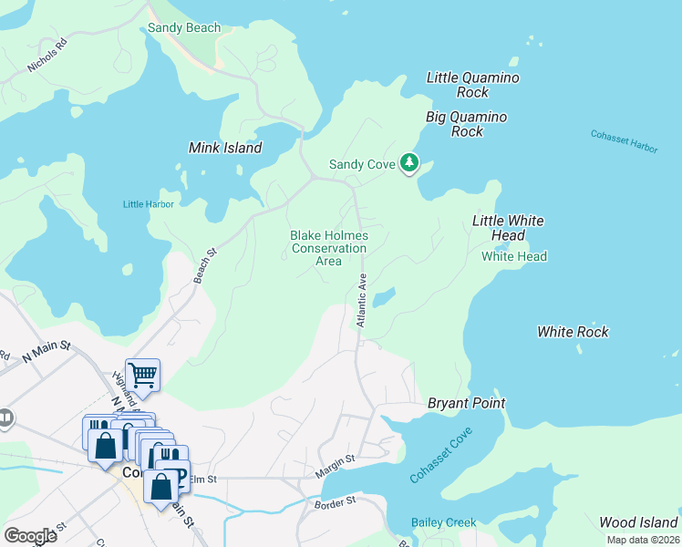 map of restaurants, bars, coffee shops, grocery stores, and more near 94 Atlantic Avenue in Cohasset
