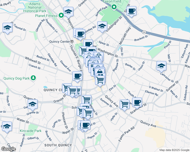 map of restaurants, bars, coffee shops, grocery stores, and more near 1548 Hancock Street in Quincy