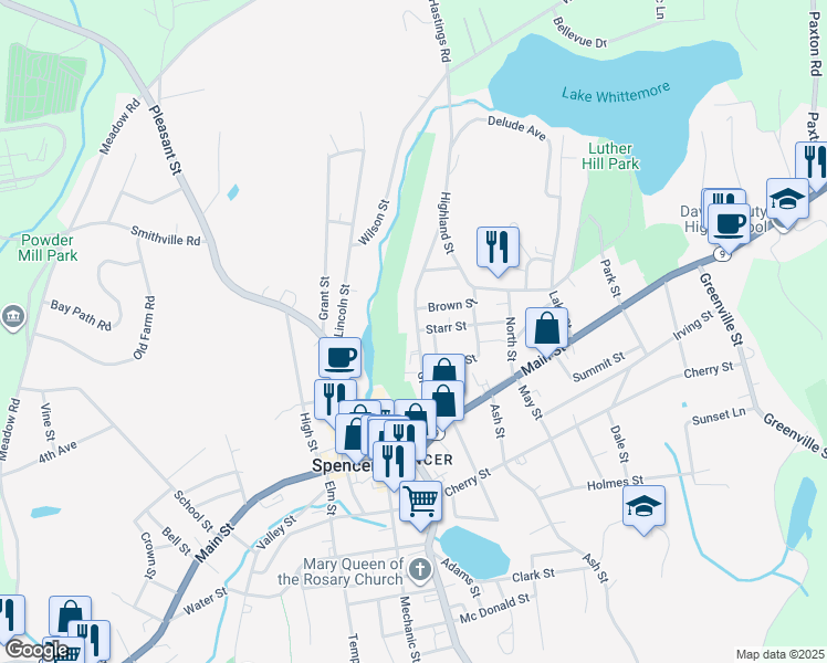 map of restaurants, bars, coffee shops, grocery stores, and more near 29 Grove Street in Spencer