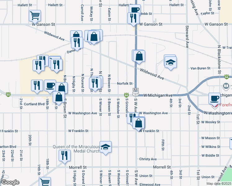 map of restaurants, bars, coffee shops, grocery stores, and more near 1002 West Michigan Avenue in Jackson