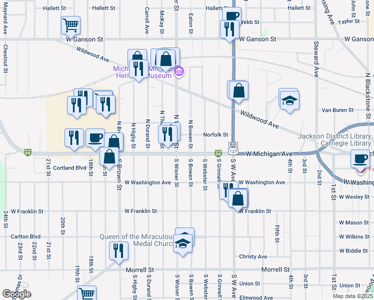 map of restaurants, bars, coffee shops, grocery stores, and more near 1104 W Michigan Ave in Jackson