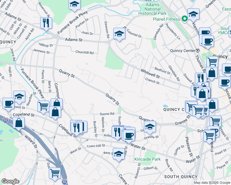map of restaurants, bars, coffee shops, grocery stores, and more near Avalon Drive in Quincy