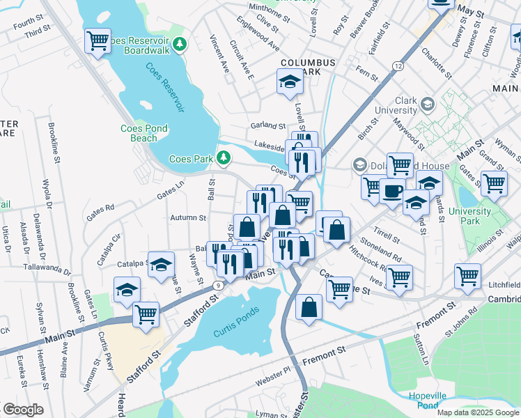 map of restaurants, bars, coffee shops, grocery stores, and more near 7 South Buffum Street in Worcester