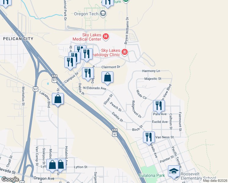 map of restaurants, bars, coffee shops, grocery stores, and more near 2059 North Eldorado Avenue in Klamath Falls