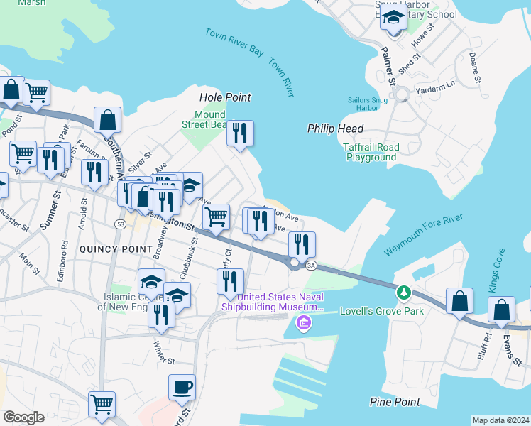 map of restaurants, bars, coffee shops, grocery stores, and more near 34 Lawn Avenue in Quincy