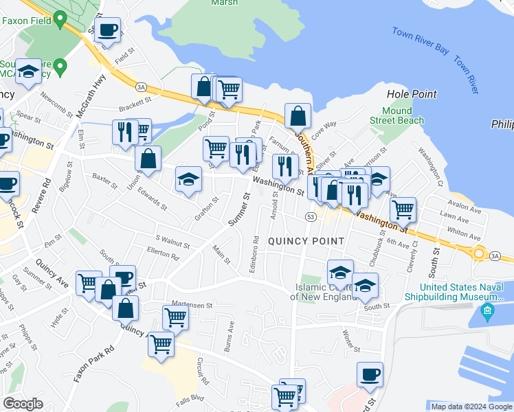 map of restaurants, bars, coffee shops, grocery stores, and more near 94 Edinboro Road in Quincy