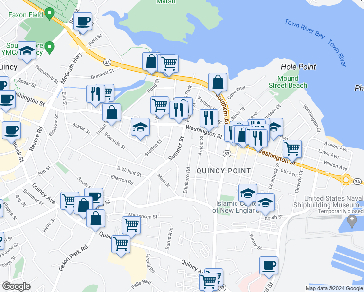 map of restaurants, bars, coffee shops, grocery stores, and more near 94 Edinboro Road in Quincy