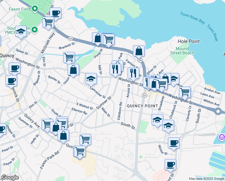 map of restaurants, bars, coffee shops, grocery stores, and more near 136 Sumner Street in Quincy
