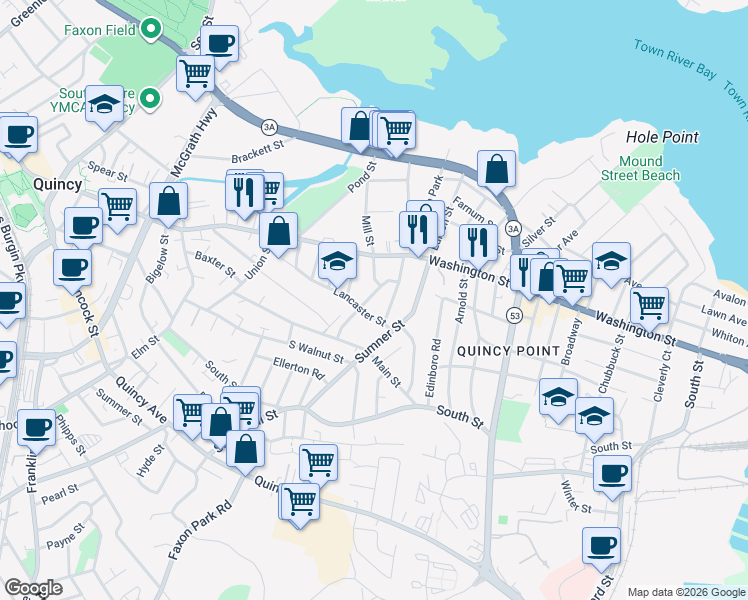 map of restaurants, bars, coffee shops, grocery stores, and more near 96 Lancaster Street in Quincy