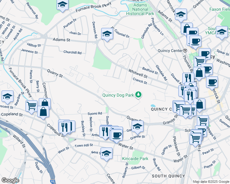map of restaurants, bars, coffee shops, grocery stores, and more near 4 Avalon Drive in Quincy