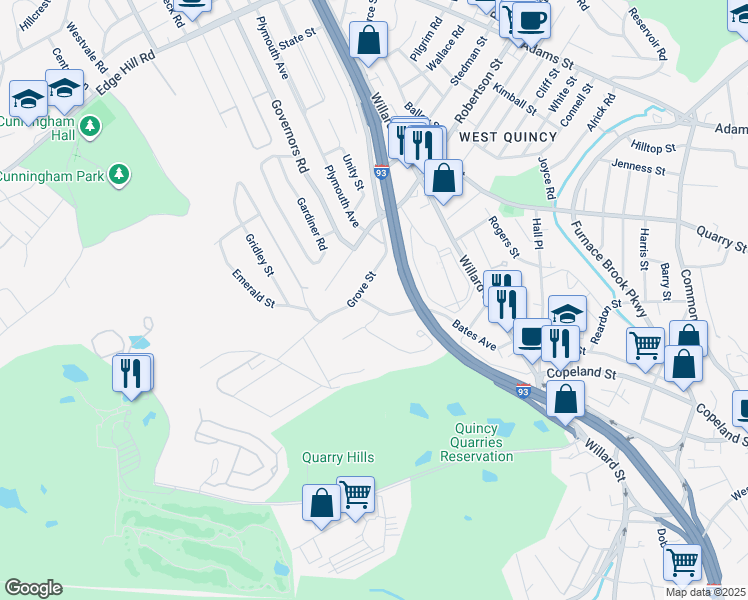 map of restaurants, bars, coffee shops, grocery stores, and more near 147 Bates Avenue in Quincy