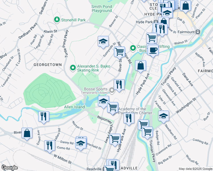 map of restaurants, bars, coffee shops, grocery stores, and more near 1600 River Street in Boston