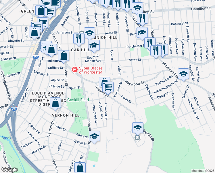 map of restaurants, bars, coffee shops, grocery stores, and more near 16 Jones Street in Worcester