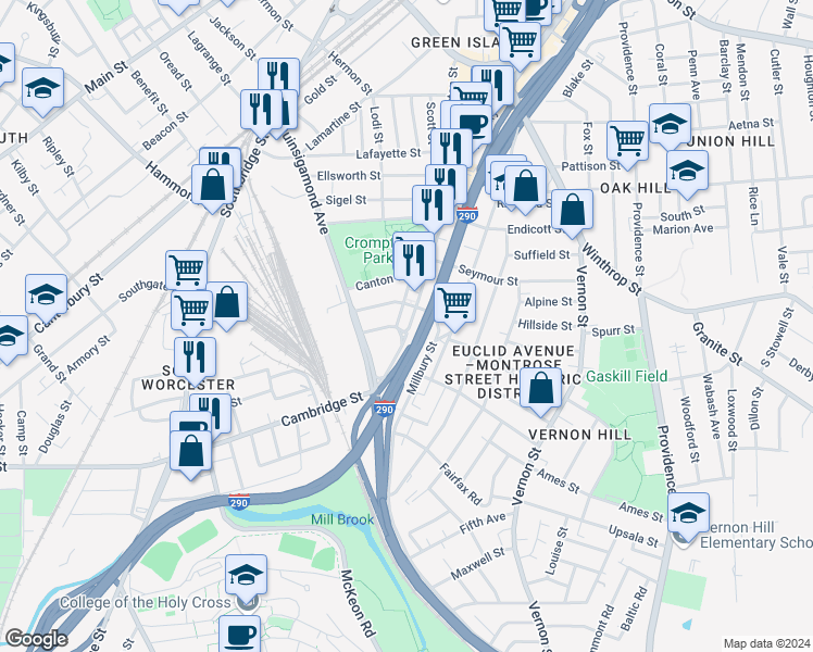 map of restaurants, bars, coffee shops, grocery stores, and more near 342 Millbury Street in Worcester