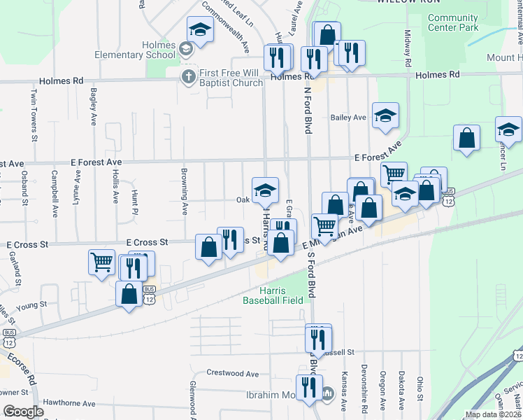 map of restaurants, bars, coffee shops, grocery stores, and more near 515 North Harris Road in Ypsilanti