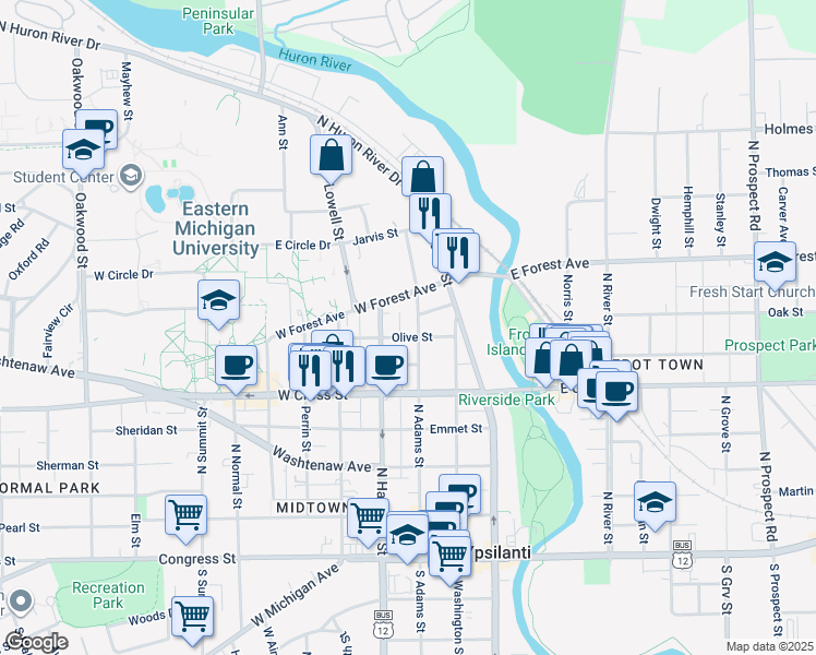 map of restaurants, bars, coffee shops, grocery stores, and more near 502 North Adams Street in Ypsilanti