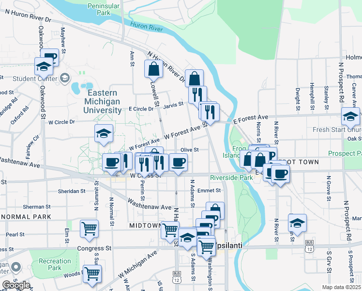 map of restaurants, bars, coffee shops, grocery stores, and more near 502 North Hamilton Street in Ypsilanti
