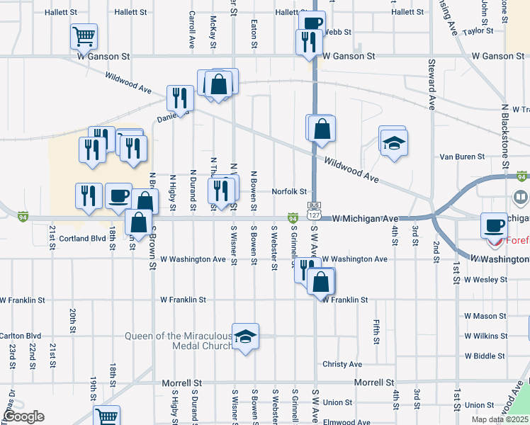 map of restaurants, bars, coffee shops, grocery stores, and more near 1002 West Michigan Avenue in Jackson