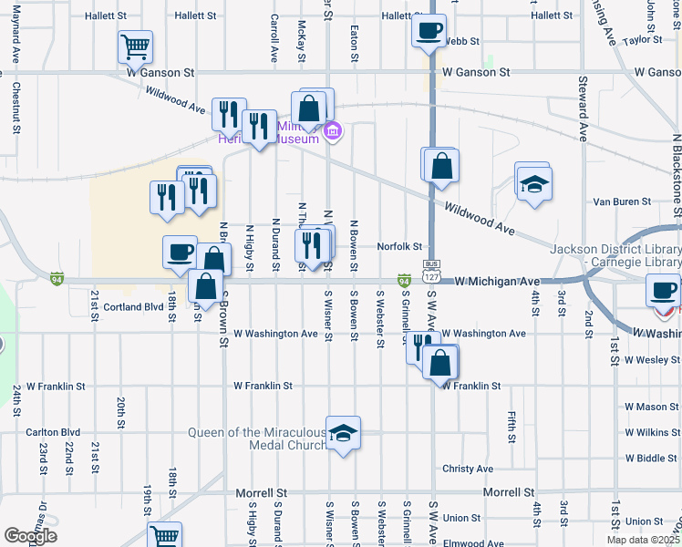 map of restaurants, bars, coffee shops, grocery stores, and more near 1104 West Michigan Avenue in Jackson