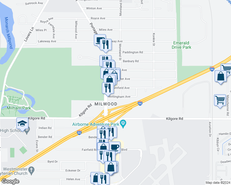 map of restaurants, bars, coffee shops, grocery stores, and more near 4308 Moreland Street in Kalamazoo