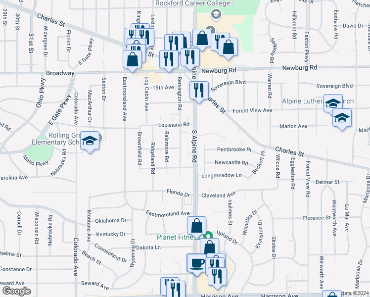 map of restaurants, bars, coffee shops, grocery stores, and more near 1921 South Alpine Road in Rockford