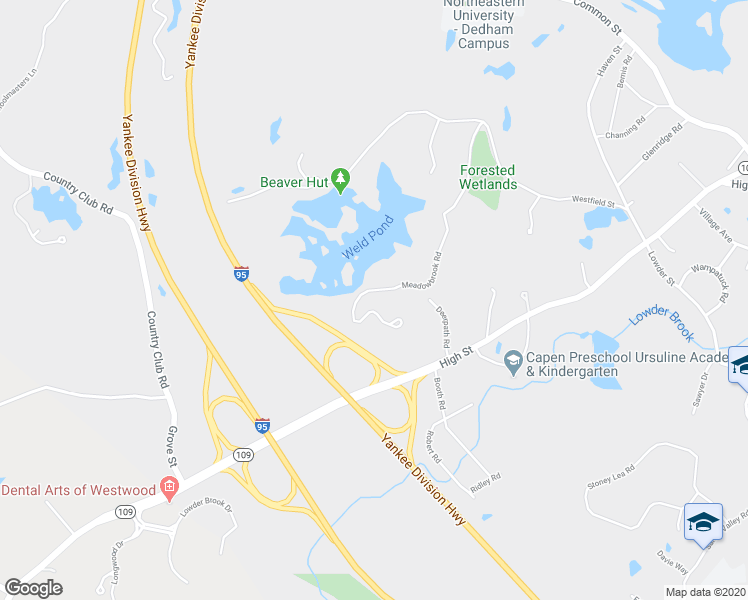 map of restaurants, bars, coffee shops, grocery stores, and more near 250 Meadowbrook Road in Dedham