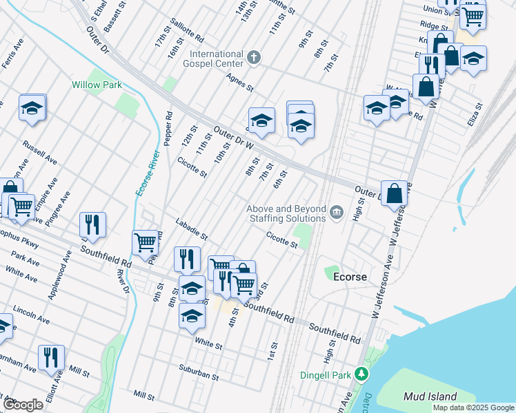 map of restaurants, bars, coffee shops, grocery stores, and more near 4285 6th Street in Ecorse