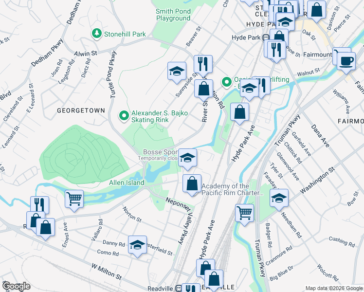 map of restaurants, bars, coffee shops, grocery stores, and more near 1600 River Street in Boston