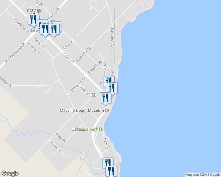 map of restaurants, bars, coffee shops, grocery stores, and more near 1 Lakeview Avenue in Mayville
