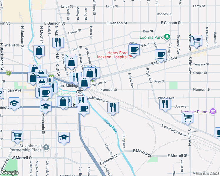 map of restaurants, bars, coffee shops, grocery stores, and more near 808 Plymouth Street in Jackson
