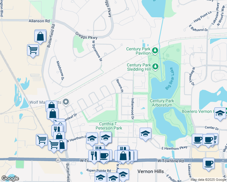 map of restaurants, bars, coffee shops, grocery stores, and more near 1102 Grant Place in Vernon Hills