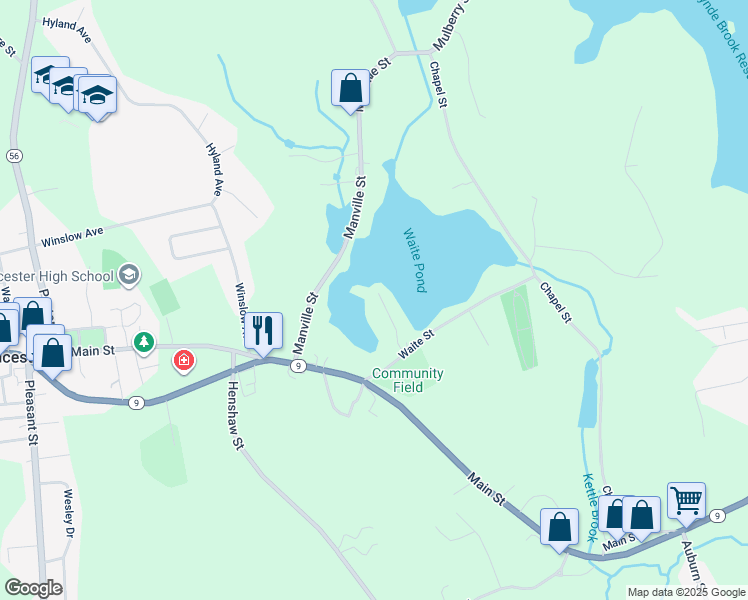 map of restaurants, bars, coffee shops, grocery stores, and more near 17 Massasoit Drive in Leicester