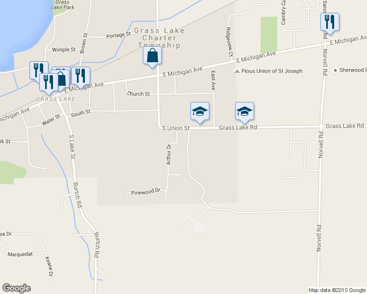map of restaurants, bars, coffee shops, grocery stores, and more near 745 Arthur Drive in Grass Lake charter Township