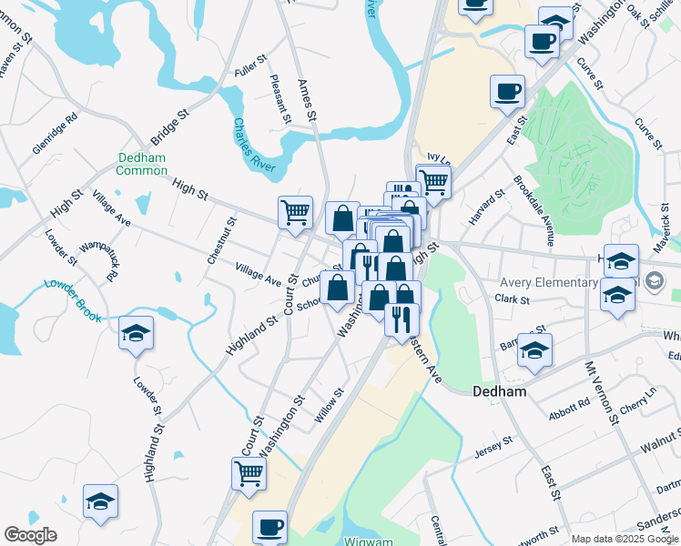 map of restaurants, bars, coffee shops, grocery stores, and more near 11 Franklin Square in Dedham