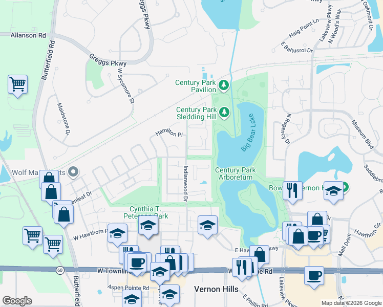 map of restaurants, bars, coffee shops, grocery stores, and more near 19 Parkside Court in Vernon Hills