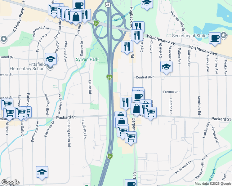 map of restaurants, bars, coffee shops, grocery stores, and more near in Ann Arbor