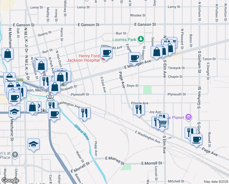 map of restaurants, bars, coffee shops, grocery stores, and more near 1114 Plymouth Street in Jackson