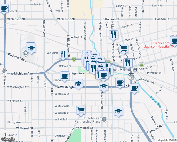 map of restaurants, bars, coffee shops, grocery stores, and more near 180 West Michigan Avenue in Jackson