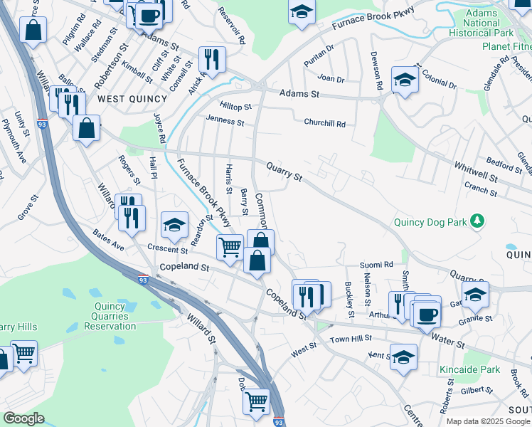 map of restaurants, bars, coffee shops, grocery stores, and more near 6 Reardon Street in Quincy