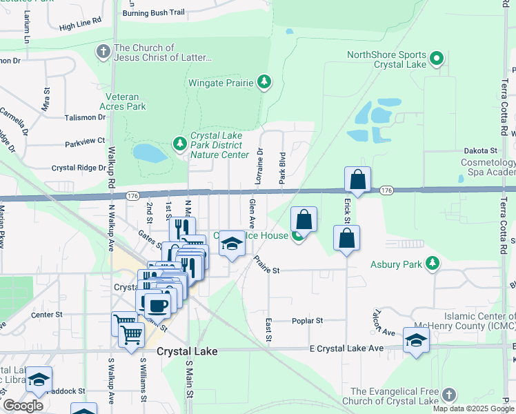 map of restaurants, bars, coffee shops, grocery stores, and more near 227 Glen Avenue in Crystal Lake