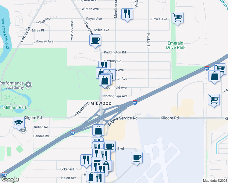 map of restaurants, bars, coffee shops, grocery stores, and more near 4308 Moreland Street in Kalamazoo