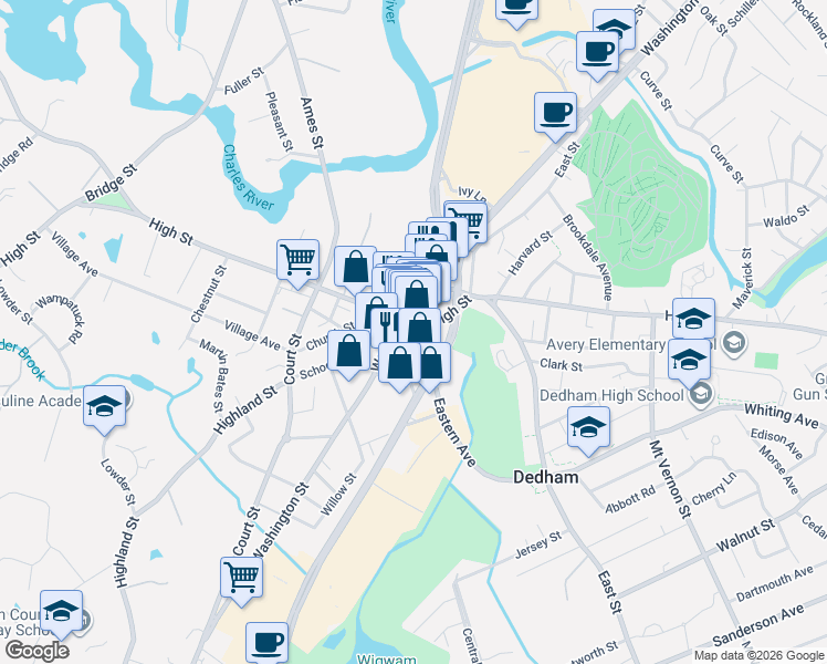 map of restaurants, bars, coffee shops, grocery stores, and more near 577 High Street in Dedham