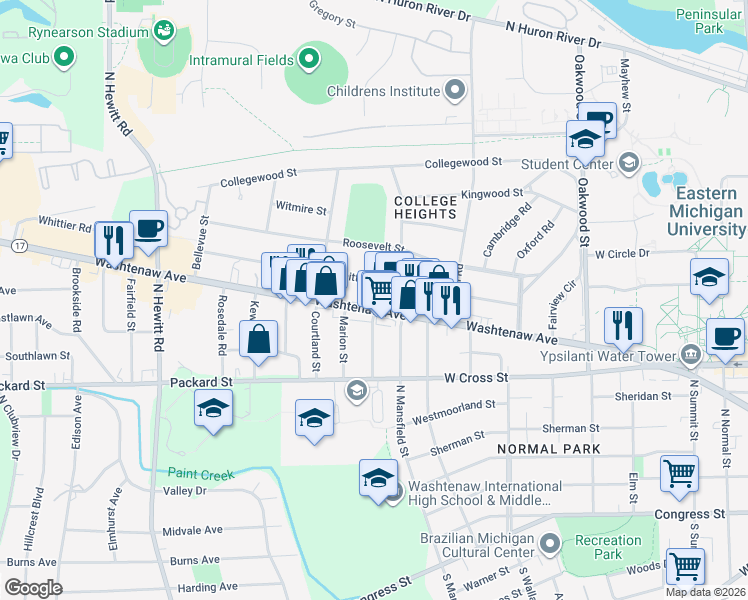 map of restaurants, bars, coffee shops, grocery stores, and more near 1638 Washtenaw Avenue in Ypsilanti