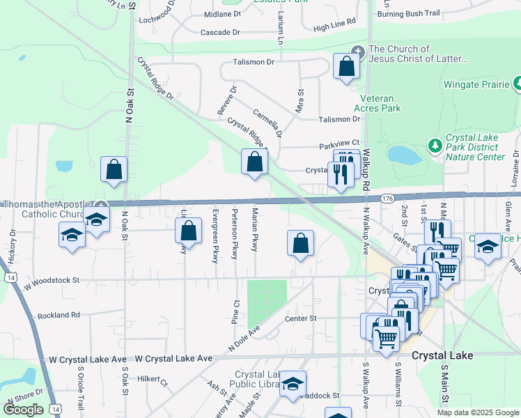 map of restaurants, bars, coffee shops, grocery stores, and more near 205 Marian Parkway in Crystal Lake