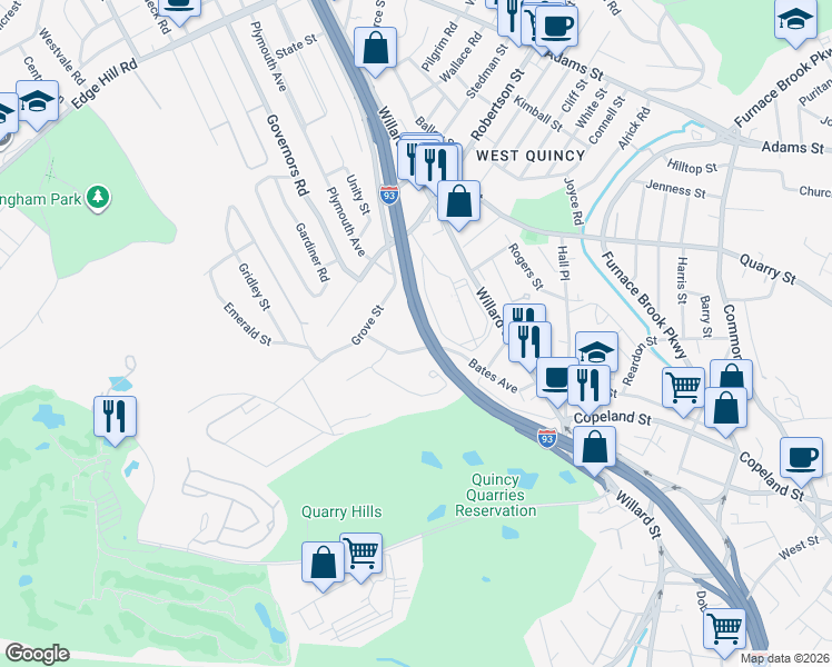 map of restaurants, bars, coffee shops, grocery stores, and more near 109 Bates Avenue in Quincy