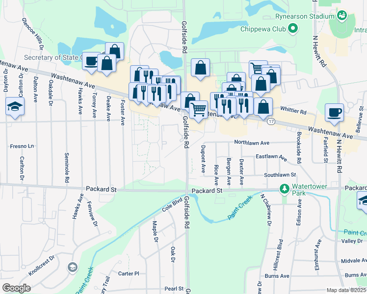 map of restaurants, bars, coffee shops, grocery stores, and more near 4996 Ainsley Avenue in Ann Arbor
